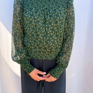 Free People Green Floral Smocked Long-Sleeve Blouse